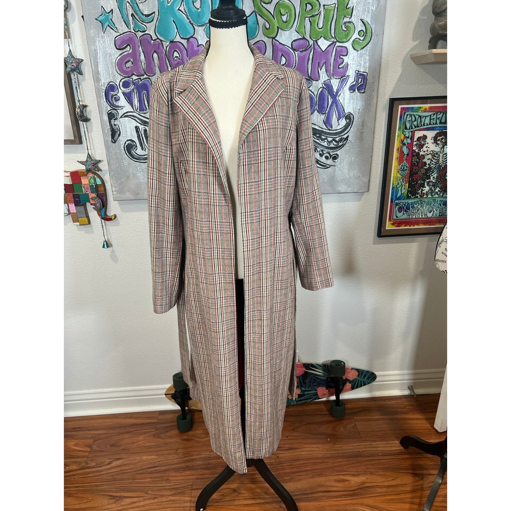 She(er) Plaid Longline Duster Coat M Belted Fall Trench Academia